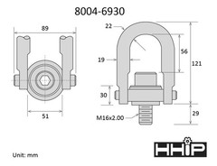 1,900 KG STANDARD U-BAR HOIST RING WITH M16 X 2.00 THREAD ( 8004-6930)
