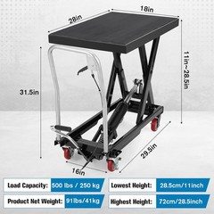 500lbs Hydraulic Lift Table Cart 28.5” Lifting Height Single Scissor Lift Black