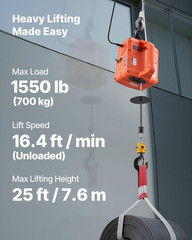 3-In-1 Electric Hoist Winch, 1550 Lbs Capacity, 1500W Portable Power Winch Crane