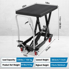 330lbs/28.5″ Manual Single Scissor Lift Hydraulic Lift Table Cart Locking Wheels