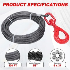 Heavy-Duty Winch Cable, 3/8″ × 100′ Steel Cable with Self-Locking Swivel Ho