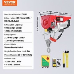 Electric Hoist Crane Winch 1760 lbs Load with 328 ft Wireless Remote Control