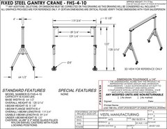VESTIL FIXED GANTRY CRANE – 2 TON CAPACITY, SPAN 10 FT, HUB 10 FT