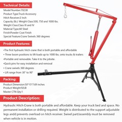 Truck Hitch Mounted Hydraulic Crane 2″ Receiver 500/750/1000lb Adjustable Lift