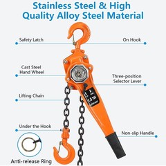Manual Lever Chain Hoist 1.5T 3300lb 20 ft Lift for Industrial w/2 Portable Hook