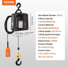 VEVOR 3-in-1 Electric Hoist Winch, 1100lbs 1500W Portable Power Winch Crane, 110