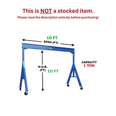 VESTIL FIXED GANTRY CRANE – 1 TON CAPACITY, SPAN 10 FT, HUB 10 FT