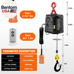 3-In-1 Electric Hoist Winch, 2200Lbs Manual/Wire/Wireless Remote Control,110/120
