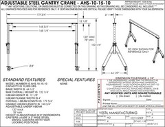 VESTIL ADJUSTABLE GANTRY CRANE – 5 TON CAPACITY, SPAN 15 FT, ADJ. HUB 6’6″-10′