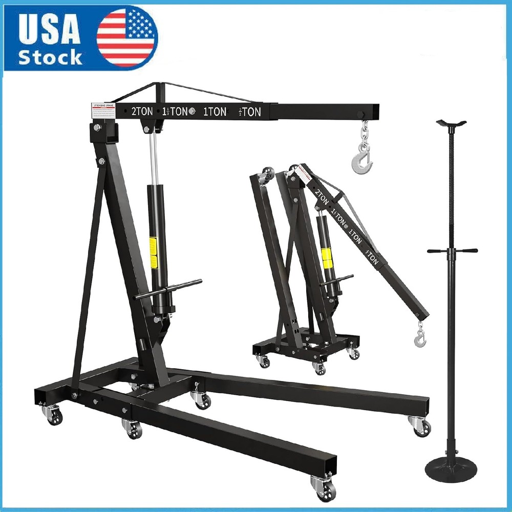 2 Ton Folding Engine Hoist Shop Crane with 3/4Ton Underhoist Support Stand Combo