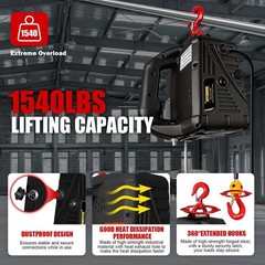 Electric Portable Hoist Winch 1540LBS 3-in-1 Cable Lift 110V 25FT Towing Strap