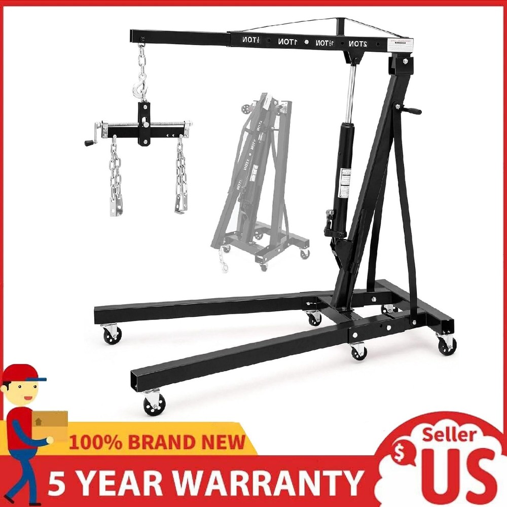 Engine Hoist with Lever, 2 Ton Folding Cherry Picker Shop Crane with 6 Casters