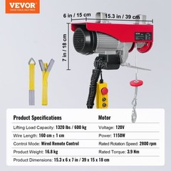 Electric Hoist Crane Winch 1320lb 1150W Copper Motor 40ft Lift & 14ft Remote