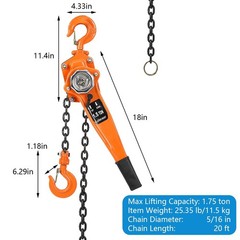 Manual Lever Chain Hoist 1.5T 3300lb 20 ft Lift for Industrial w/2 Portable Hook