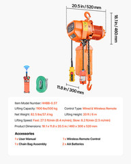 1100lb Electric Chain Hoist 20FT Lift w/ Wireless & Wired Remote 3 Phase