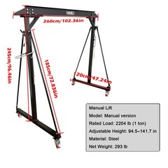1T/ 2204LB Capacity Portable Mobile Gantry Crane 2.4-3.6m/94.5-141.7” Height