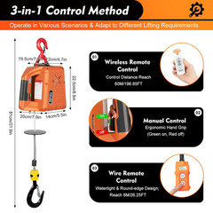 1500LBS, 3 in 1 Electric Cable Hoist 110V 25 FT Electric Hoist Crane W/Overload