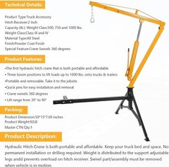 Hydraulic Pickup Truck Crane Hoist 1000 lbs Capacity 360° Swivel Hoist Lift New