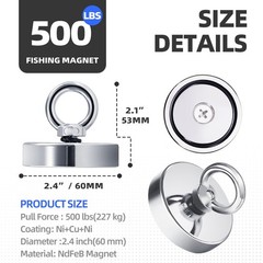 Magnet Fishing Kit 2.4″(60 mm) 500lb+, Big Strong Rare Earth Fish Magnets Q60