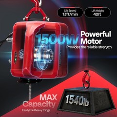 Portable Electric Hoist Winch with 3 Control Modes – 1540lbs Capacity, 40ft Lift