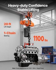 1100lb Chain Hoist, 20ft Height, 16.4ft/min, Rotating Hook, Limit Switches
