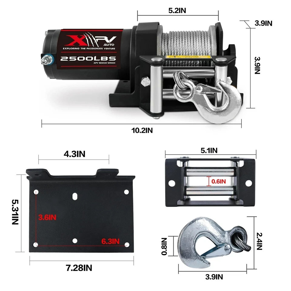 2500lbs Electric Winch 12V Waterproof Steel Cable with Wired Remote Control