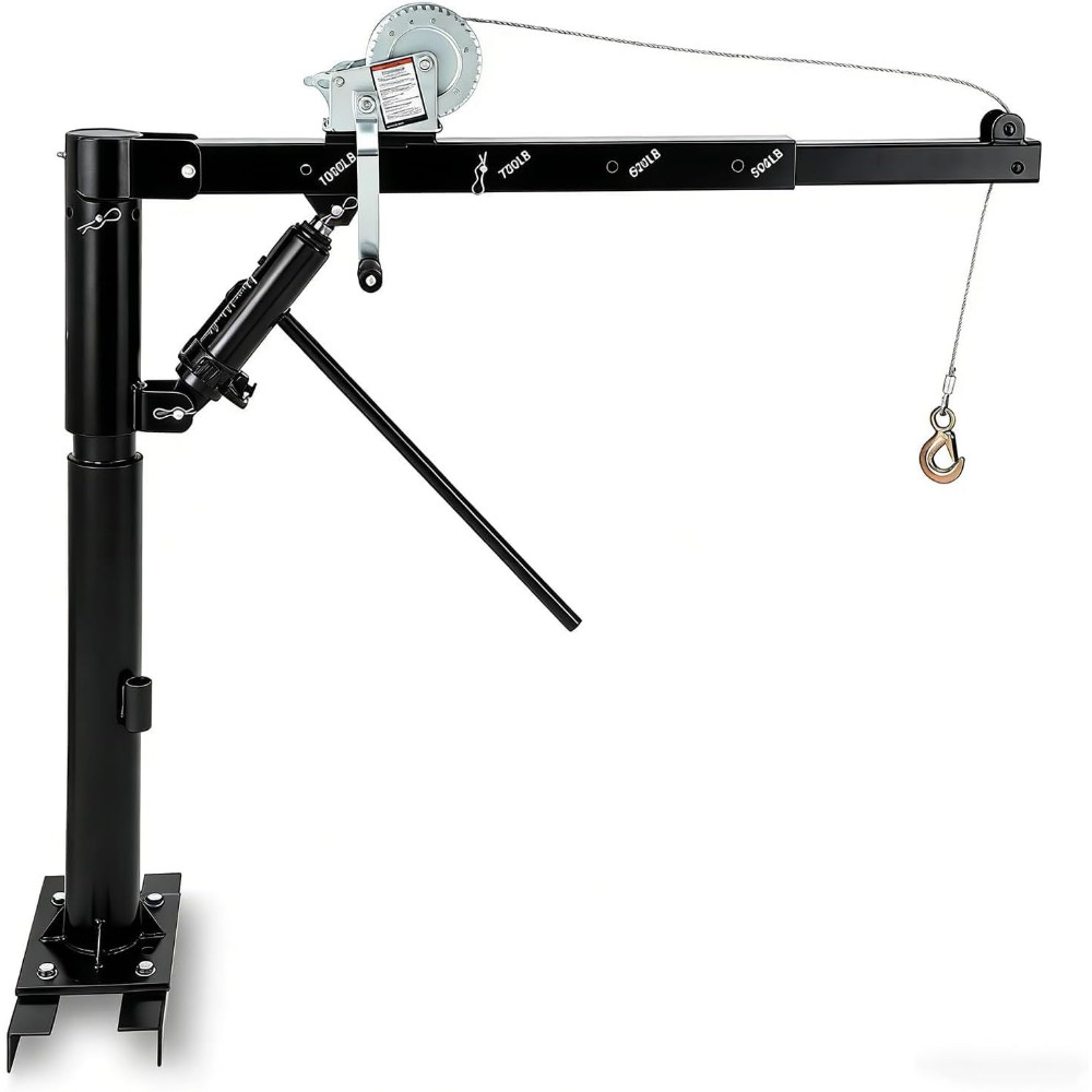 1000 Lbs Pickup Truck Crane Manual Winch Hoist 360 Swivel 4 Position Boom, Black