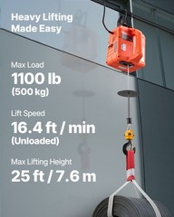 1100lb 1500W 3-in-1 Electric Winch 25ft Capacity 16.4ft/min Remote Operated