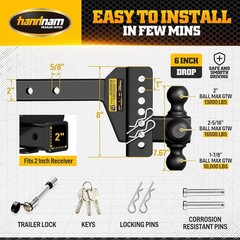 Drop Hitch Adjustable Trailer Hitch, Tow Hitch with 6-Inch Drop/Rise for Truck (