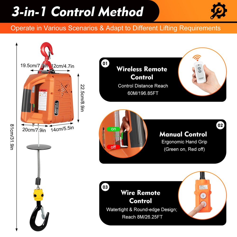 Portable 3-in-1 Electric Winches 300kg/660 lbs Hoist Winch Crane Lift w/ Remote