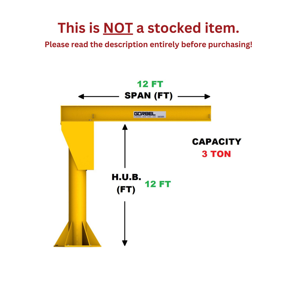 GORBEL FREESTANDING JIB CRANE – 3 TON CAPACITY, SPAN 12 FT, HUB 12 FT