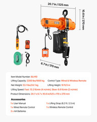 2200LB Electric Chain Hoist 10ft Lift 120V w/Wireless & Wired Remote