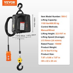 1500W Electric Hoist Winch 1100LB Wireless Remote Overload Protection Crane