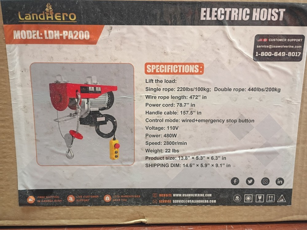 LandHero Electric Hoist Crane Winch 220 Pounds 440 lbs 158 ft Wired Remote 110V