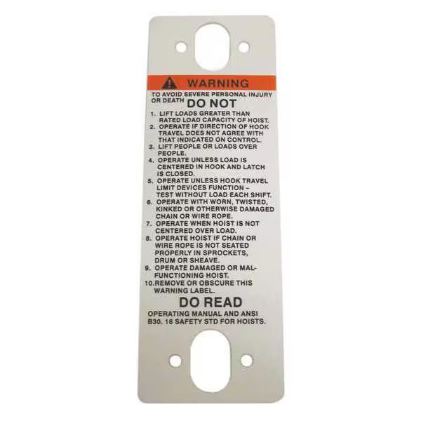 Coffing Hoists Warning Label 687K3W Coffing Hoists 687K3W Plastic