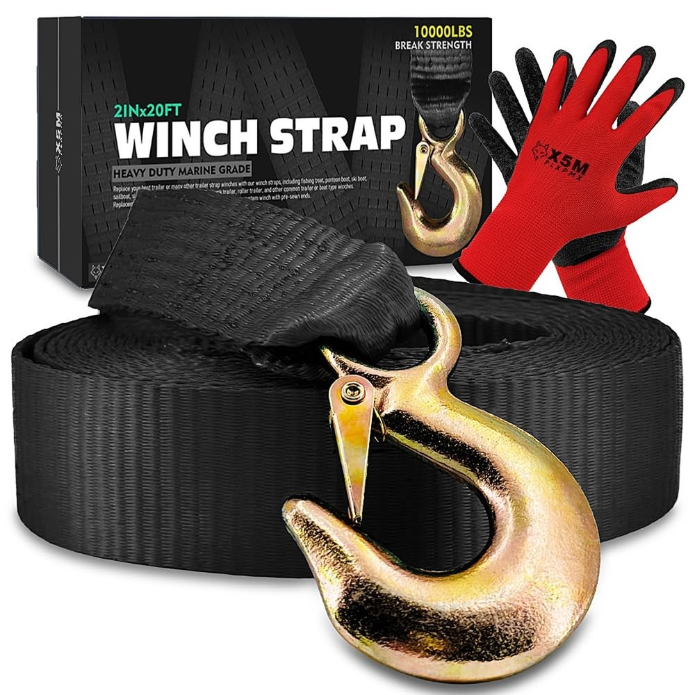 Boat Trailer Winch Strap with Safety Hook & Protective Work Gloves, 2″ x 20ft…