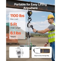 Manual Lever Chain Hoist, 1100LBS Capacity, 5FT Lift, G80 Alloy Steel Chain