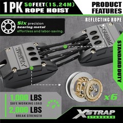 Heavy-Duty 2000LB 50ft Reflective Rope Hoist with 5:1 Lifting Power & Soft Loops