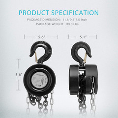 SPECSTAR Hand Chain Hoist 2 Ton 4400 Lbs Capacity 10 Feet with 2 2 Ton, Black