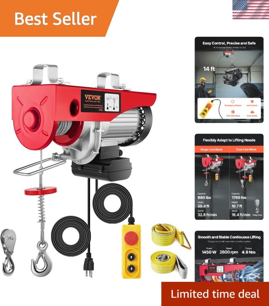 Powerful 110V Electric Hoist: 1760 lbs Capacity, Easy Install & Remote Control