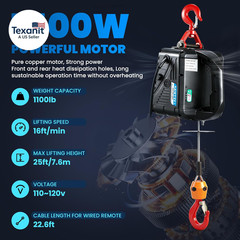 3 in 1 Electric Hoist Winch 1,100Lb Wireless Remote Control, Cable Remote Contro