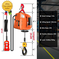Power Electric Portable Hoist Winch 1500LBS, 3 in 1 Electric Cable Hoist 110V 25