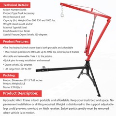 1000 LBS Hydraulic Hitch-Mount Truck Crane with 2-Inch Hitch Receiver 360 Swivel