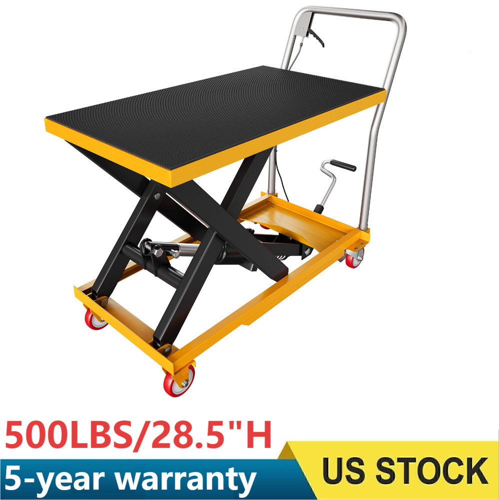 28.5″ Hydraulic Lift Table Cart Manual Double Scissor Lift Table 500lbs w/Wheels