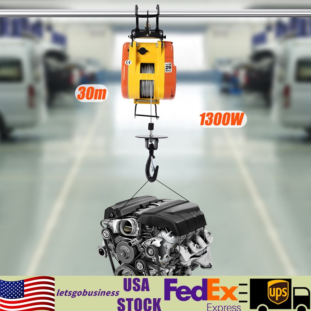 1300W Electric Hoist 500lbs Portable Winch Crane Lift 95ft Lifting Wired Control