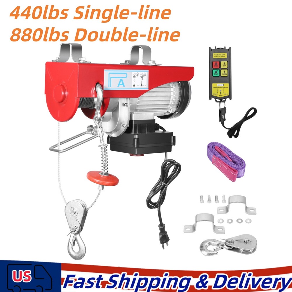 Electric Hoist 880lbs Crane Winch with Wireless Remote Control 850W 110V