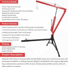 1000LBS Hydraulic Hitch-Mount Truck Crane with 2-Inch Hitch Receiver 360 Swivel
