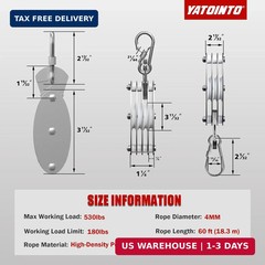 Upgraded Rope Hoist Pulley System 530LB 7:1 Ratio 60ft for Hunting Kayak Garage