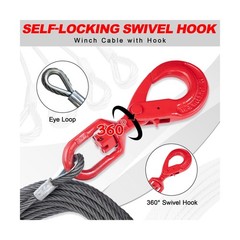 Heavy-Duty Winch Cable, 3/8″ × 100′ Steel Cable with Self-Locking Swivel Ho