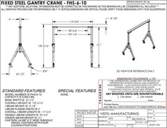 VESTIL FIXED GANTRY CRANE – 3 TON CAPACITY, SPAN 10 FT, HUB 10 FT 1 IN